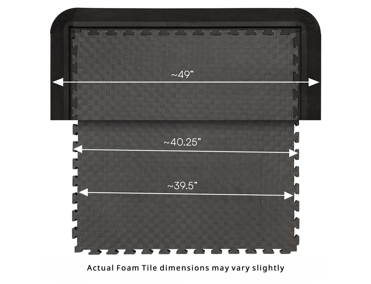 Golf room floor tile dimensions: 49 inches with tapered edges, 40.25 inches bare, 39.5 inch inner flat area