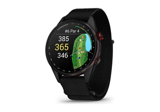 Garmin Approach S72 47mm golf smartwatch, Carbon Gray/Red DLC titanium bezel with Black ComfortFit fabric band