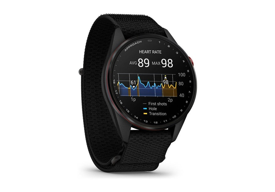 Garmin Approach S72 47mm side view showing the golf biometric heart rate screen by hole