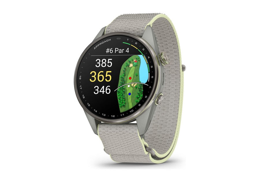 Garmin Approach S72 47mm golf smartwatch, Silver/Citron titanium bezel with Fog Gray/Citron ComfortFit fabric band