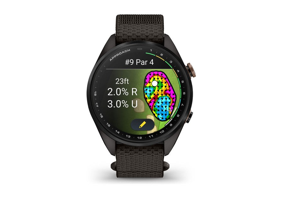 Garmin Approach S72 green reading screen with slope percentages and aim line on the green