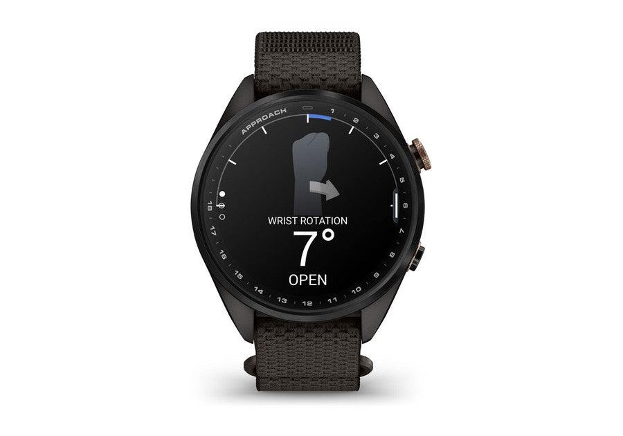 Garmin Approach S72 swing metrics screen showing wrist rotation at impact