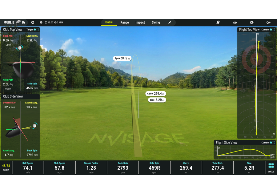 NVISAGE Murlie software — shot analysis dashboard with full ball and club data