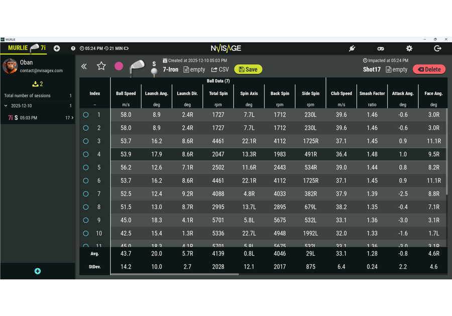 NVISAGE Murlie software — detailed ball data table