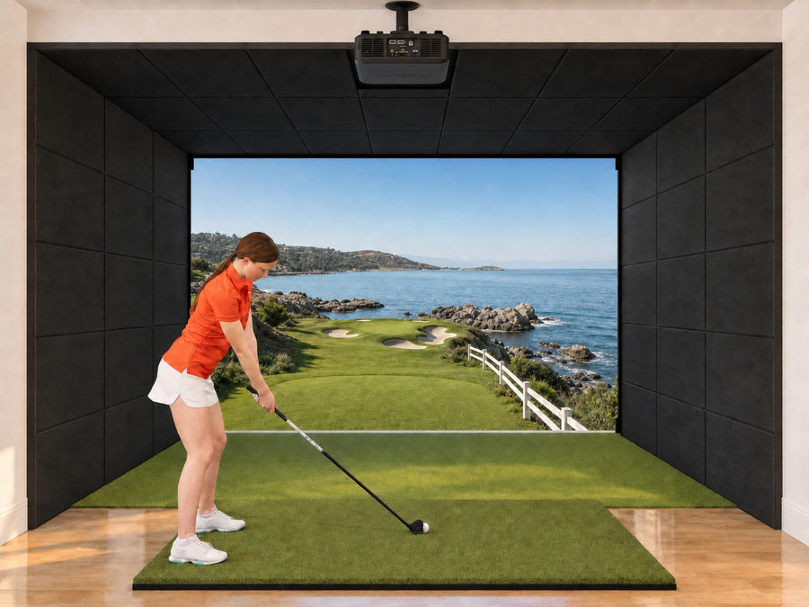 Built-In Screen golf simulator in a finished room