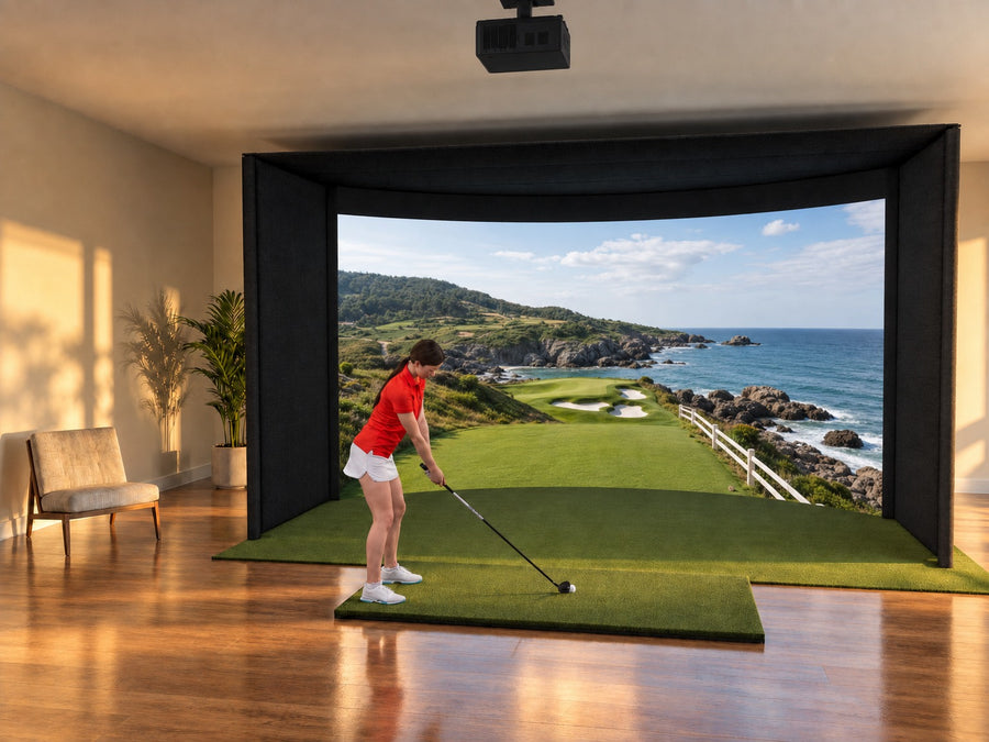Curved Screen golf simulator in a finished room