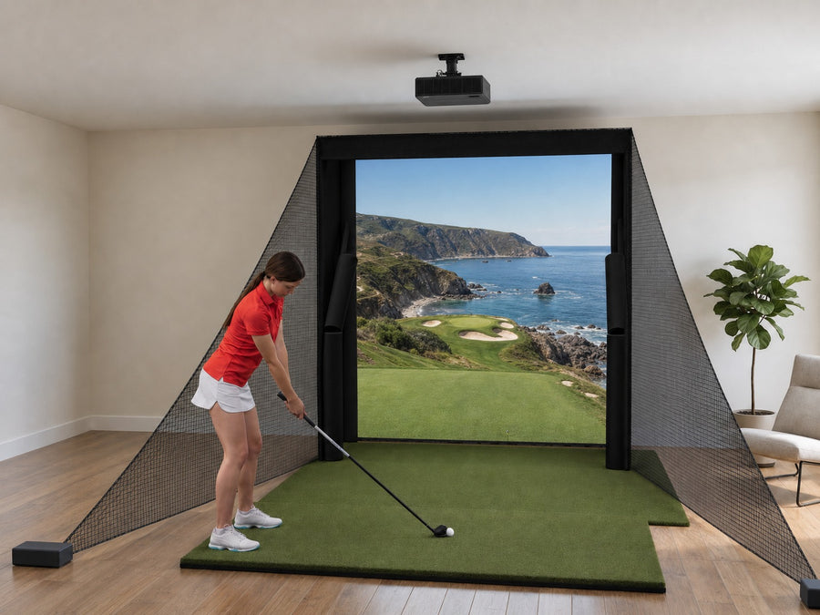 Floating Screen golf simulator in a finished room