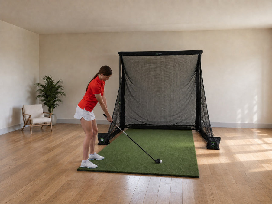 Net golf simulator in a finished room