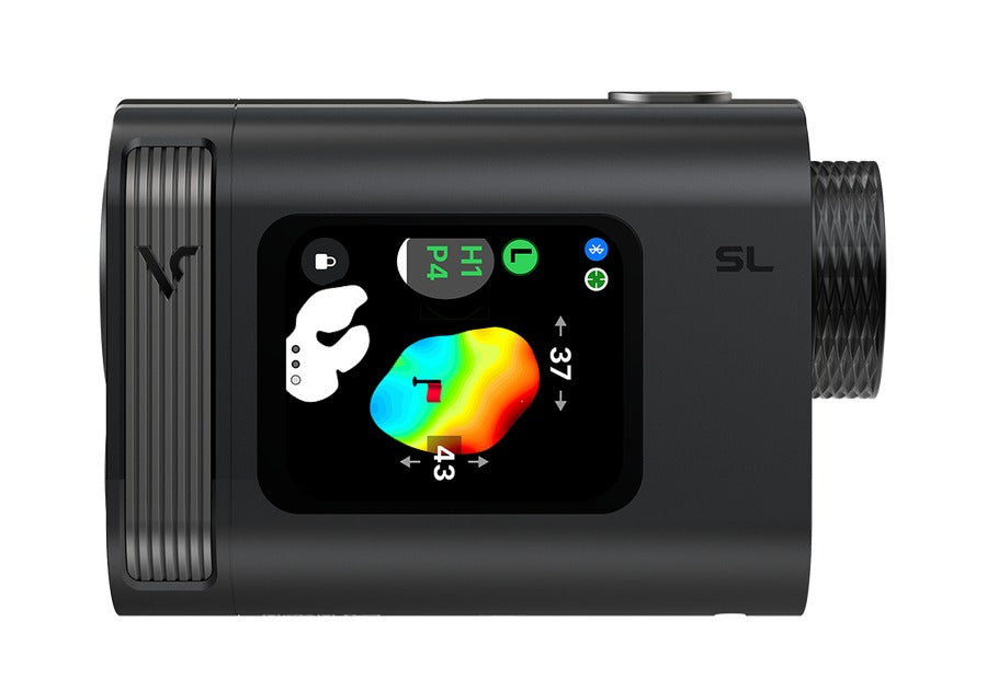 Voice Caddie SL Mini Golf Laser Rangefinder in Black, side view of the touchscreen
