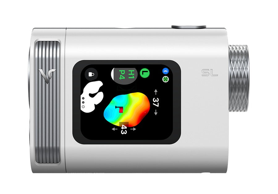 Voice Caddie SL Mini Golf Laser Rangefinder in White, side view of the touchscreen